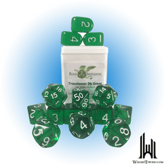 SET OF 15 DICE: TRANSLUCENT DARK GREEN/WHITE